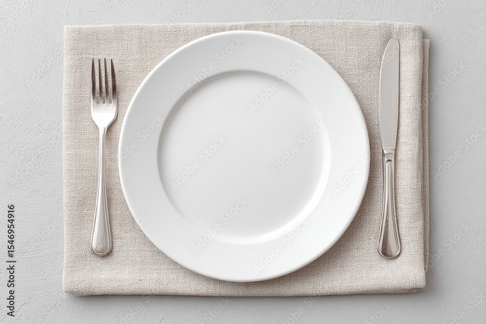 Poster Empty clean white plate with simple fork and knife on beige textured cloth, minimalistic table setting with neutral tones