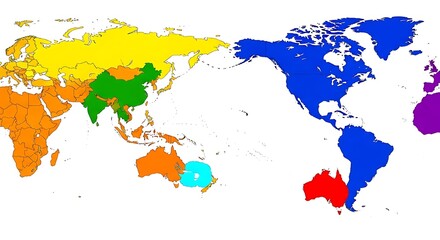 Obraz premium Colorful World Map Showing Continents and Regions