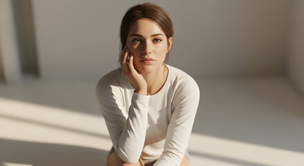 Fototapeta premium Pensive Young Woman Sitting in Minimalist Studio | Portrait of Thoughtful Female with Neutral Expression for Mental Health, Wellness and Creative Projects