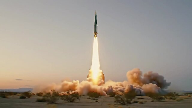 Ballistic missile launch from desert silo at fiery dusk