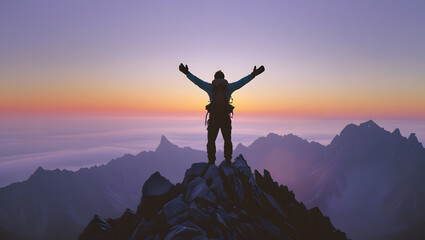 A person stands atop a mountain peak, arms raised, celebrating a successful climb at sunset.