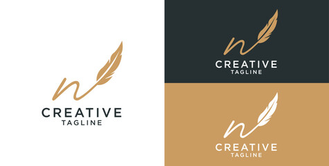 golden feather signature logo design. Minimalist feather initial n logo template © micky_adb