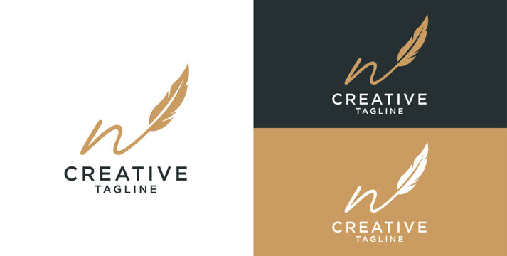 golden feather signature logo design. Minimalist feather initial n logo template