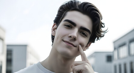 Confident headshot portrait of handsome young man smiling and gently touching cheek outdoors