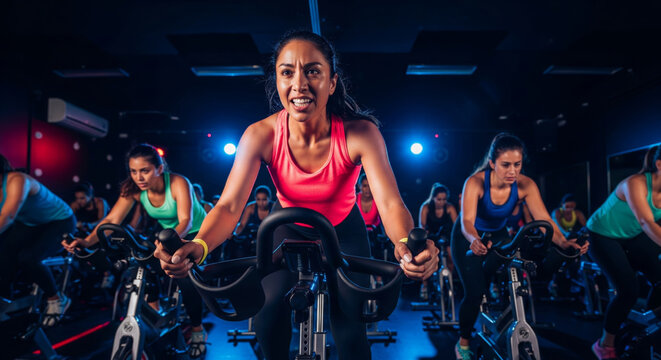 Woman leading a spin class at the gym - Powered by Adobe