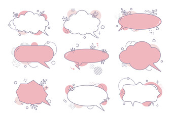 Cartoonish speech bubbles in rows with pink shapes purple outlines and decorative elements like leaves circles zigzags