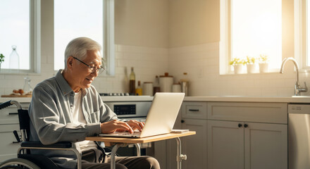 Senior Person Using Laptop in Wheelchair at Home