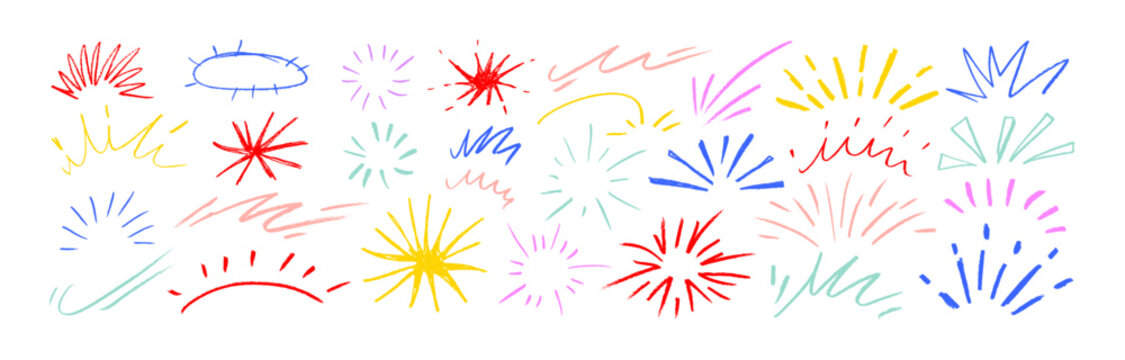 Colorful doodle sunburst, movement icons, comic expression elements. Crayon drawn sketch doodle explosive element. Cute childish emphasis expressions. Funky sun beams, stars and firework.