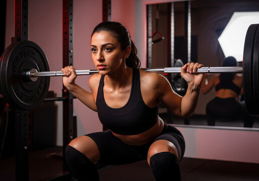 Woman with intense focus during a barbell squat