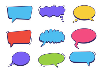 Nine colorful cartoonish chat bubbles with unique shapes and varying color schemes on a white background