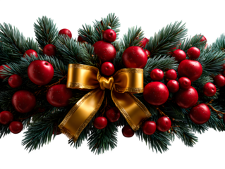 Garland of pine, fir, and cedar branches with red cherries and golden ribbon for Christmas decor, shot top-down on white, isolated to transparent background