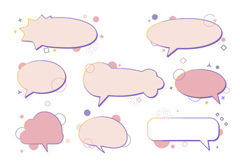 Several speech bubbles with geometric doodles float on a white backdrop