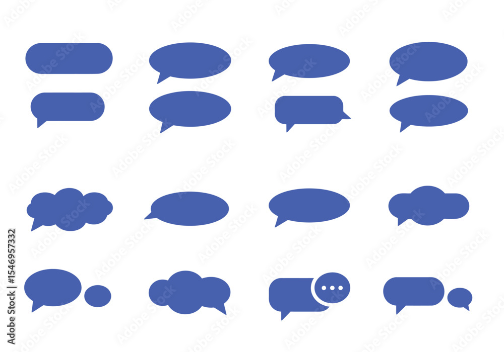 Poster twelve blue chat bubbles in four rows on a white background each with a different shape and style
