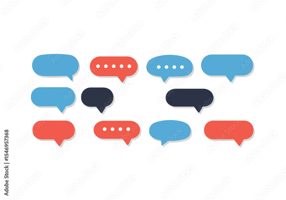 Poster twelve speech bubbles of different colors arranged in a gridlike pattern on a white background