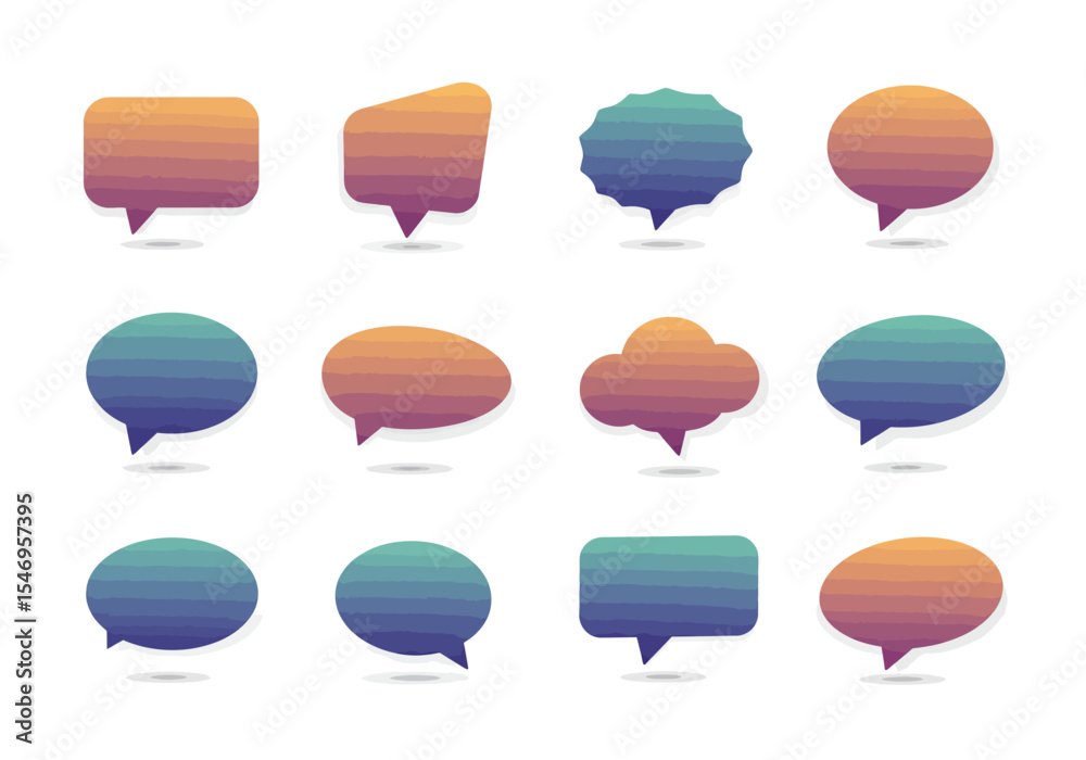 Poster twelve textured multicolored speech bubbles are arranged on a white background each with a subtle dr