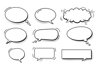 Fototapeta premium The image displays nine comic speech bubbles with different shapes and effects