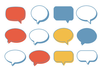 Twelve colored speech bubbles arranged in rows and columns against a white background