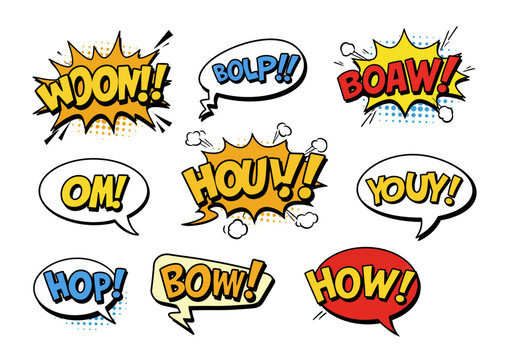 The image displays nine comic book style sound effect bubbles in varying shapes and colors