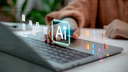 Close-up of hand interacting with AI workflow on laptop screen. Concept of artificial intelligence process, machine learning pipeline, data analysis, automation, and smart system integration.