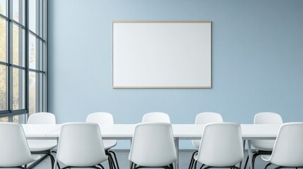 Empty meeting room with blank whiteboard.