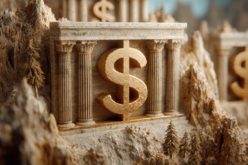 Emerging Market Debt Concept. A stone bank building with classical columns prominently features a large golden dollar sign, symbolizing finance and wealth amidst a rocky landscape.