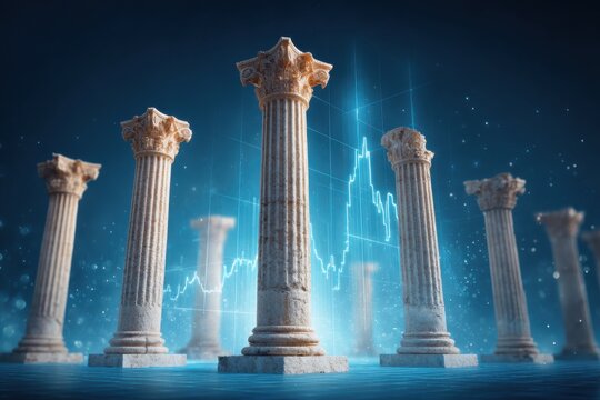 Emerging Market Debt Concept. Ancient Greek-style columns standing in water with a digital stock market chart in the background, blending classical architecture and modern finance. - Powered by Adobe