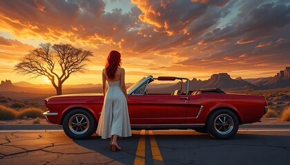 A striking image of a woman with vibrant red hair, facing away, standing beside a classic red convertible on a desolate road at sunset, with a lone tree and distant mountains under a dramatic sky.