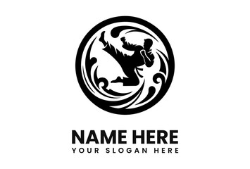 Fototapeta premium Silhouette of a martial artist performing a high kick, within a circular design featuring stylized water patterns, a logo template.