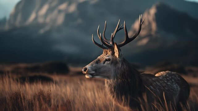 Magnificent Deer in Golden Grass Field with Misty Mountains at Dusk Under Soft Warm Light