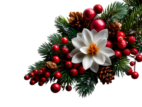 Minimalist corner arrangement with Christmas flowers, pine needles, and berries forming a festive L-shape over white background, isolated to transparent background