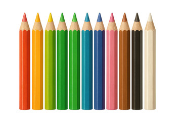 Vibrant colored pencils are neatly arranged, showcasing a spectrum of hues, ready for creative expression on a transparent background
