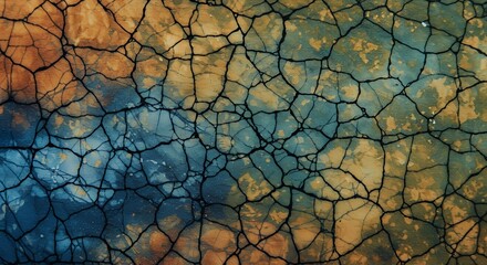 Abstract Cracked Earth Texture: Teal, Gold, and Black Hues