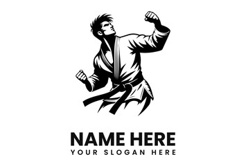 Black and white logo of a karateka in a dynamic pose, showcasing strength and triumph.