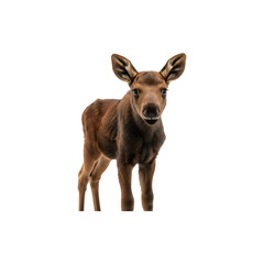 Young moose calf standing and looking ahead.