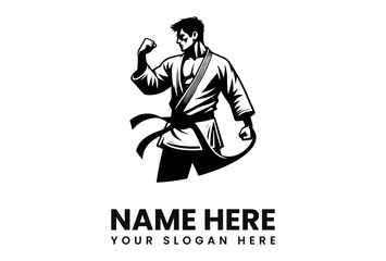 Powerful martial artist flexing, showcasing strength and discipline in a black and white logo design.