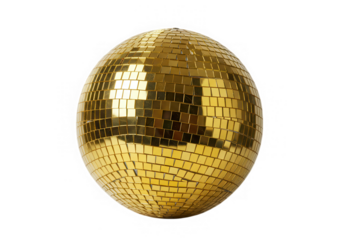 Golden disco ball mirror ball party light isolated on transparent background