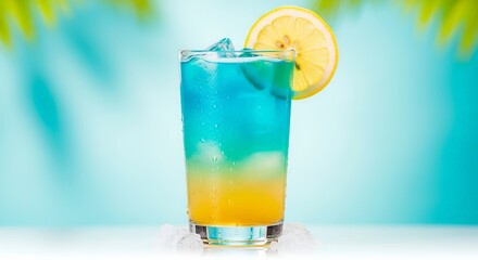 Refreshing blue and yellow layered cocktail garnished with a lemon slice on a bright background