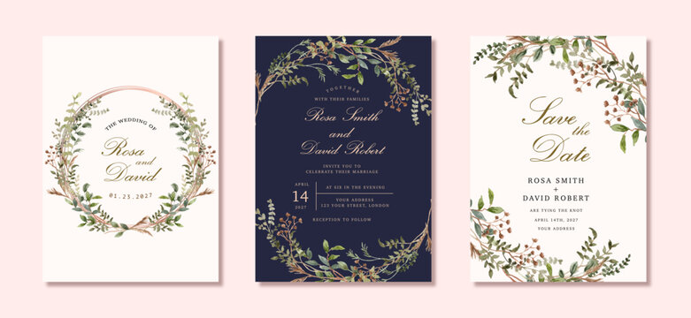 wedding invitation set with green brown leaves watercolor frame - Powered by Adobe