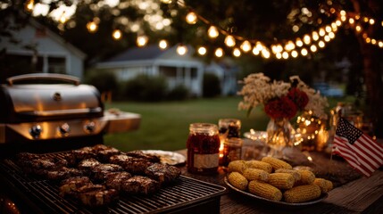 Naklejka premium Enchanting Backyard Party with Fairy Lights and Grilled Food: Create Unforgettable Outdoor Gatherings with Atmosphere and Flavor