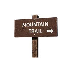 Wooden mountain trail signpost with two directional arrows, centered on white background