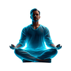 Outline of a person in lotus meditation pose, thin neon-blue line drawing with subtle inner glow, centered on transparent background
