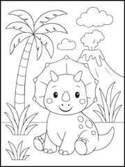 Cute Baby Triceratops in Prehistoric Jungle – Black and White Dinosaur Coloring Pages for kids