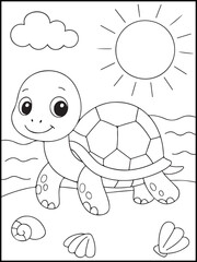 Obraz premium Cute Turtle at the Beach – Black and White Coloring Page for Kids