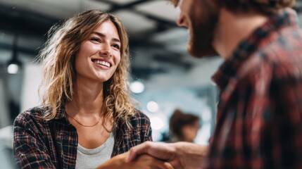 Business Partnership Success: Two Professionals Sealing a Deal with a Confident Handshake in a Bright Office Setting