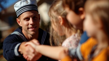Heartwarming Moment: Veteran in Uniform Shakes Hands with Children, Celebrating Honor and Patriotism in a Community Setting
