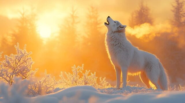 A majestic white wolf howling at the golden sun, silhouetted against a stunning sunrise backdrop. The image evokes a sense of wild beauty and the mystery of nature.