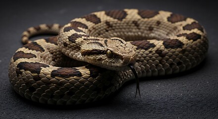 Fototapeta premium Coiled Snake Extending Tongue Close Up on Dark Background