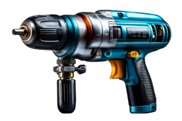 Pneumatic air impact wrench with steel grip and nozzle, photographed on white studio background and cut out for clean transparency