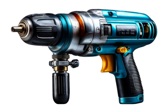 Pneumatic air impact wrench with steel grip and nozzle, photographed on white studio background and cut out for clean transparency