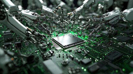 A computer chip is being assembled by a group of robotic arms